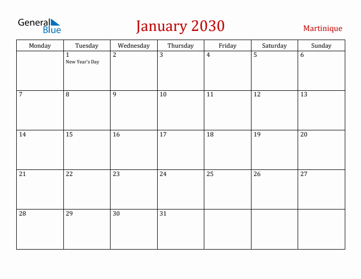 Martinique January 2030 Calendar - Monday Start