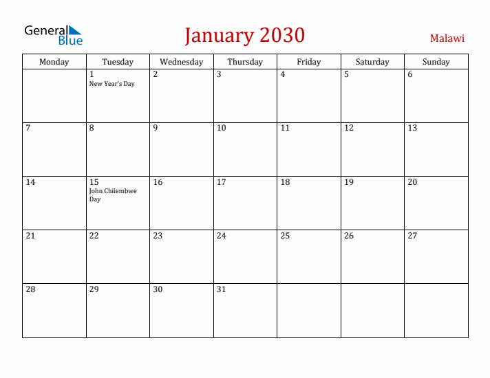 Malawi January 2030 Calendar - Monday Start