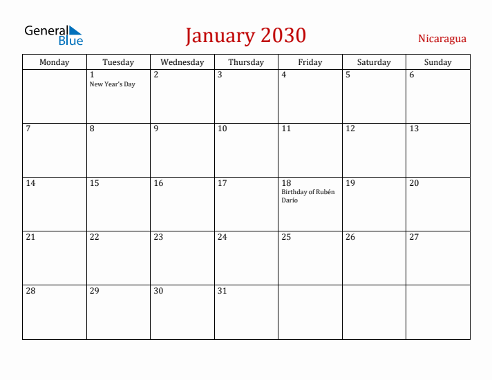 Nicaragua January 2030 Calendar - Monday Start