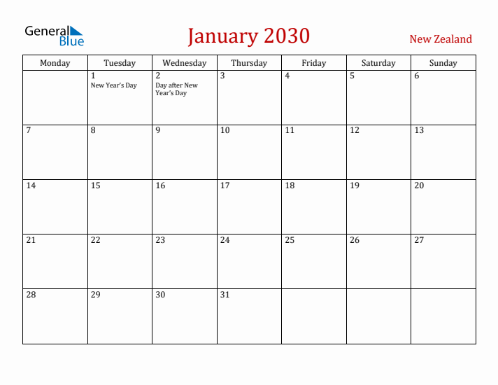 New Zealand January 2030 Calendar - Monday Start
