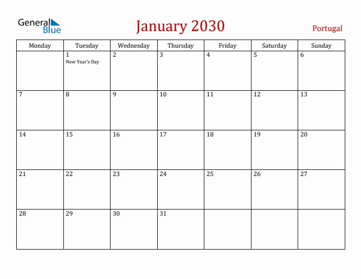 Portugal January 2030 Calendar - Monday Start