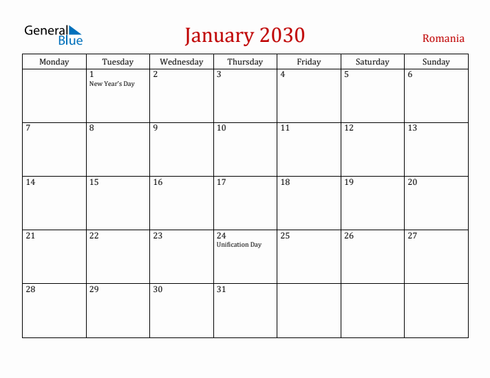 Romania January 2030 Calendar - Monday Start