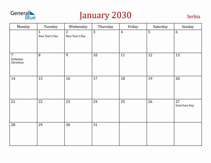 Serbia January 2030 Calendar - Monday Start