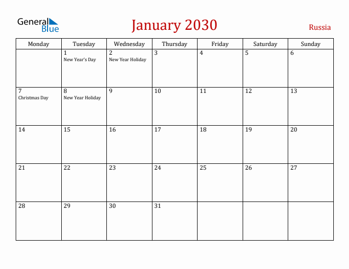 Russia January 2030 Calendar - Monday Start