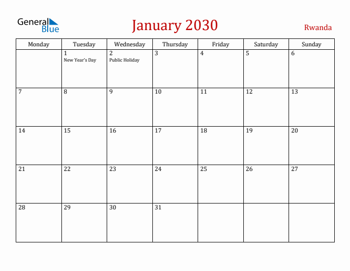 Rwanda January 2030 Calendar - Monday Start
