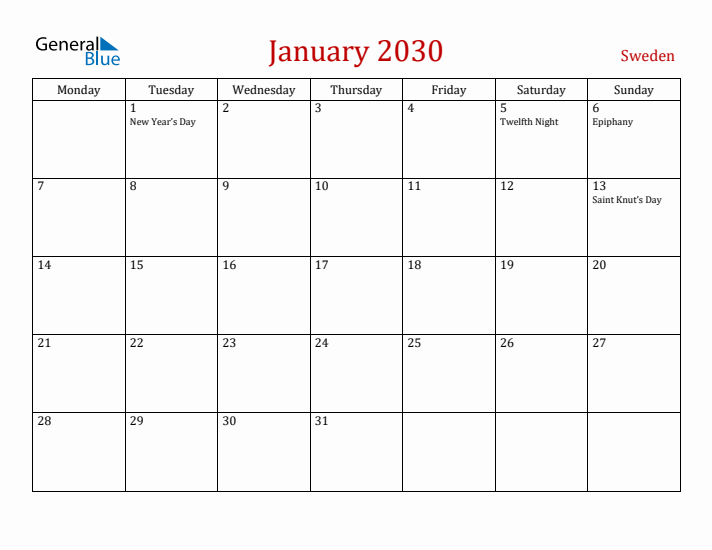 Sweden January 2030 Calendar - Monday Start