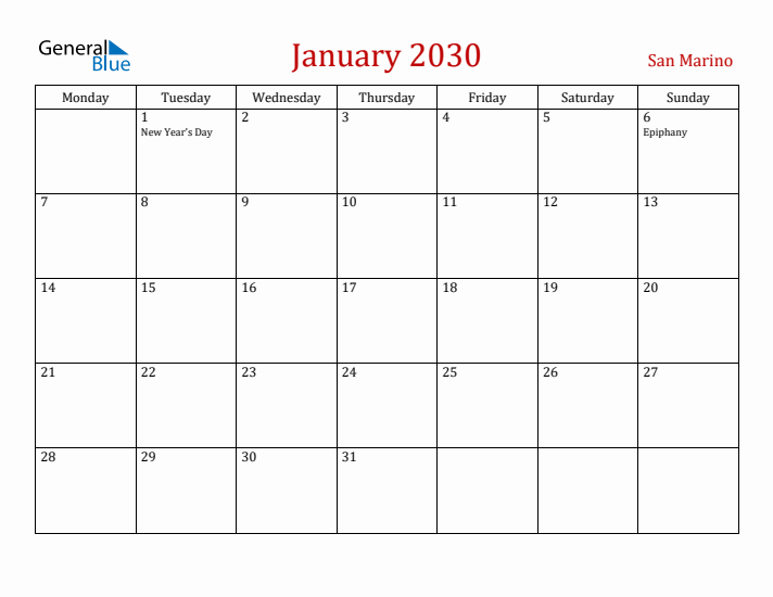 San Marino January 2030 Calendar - Monday Start