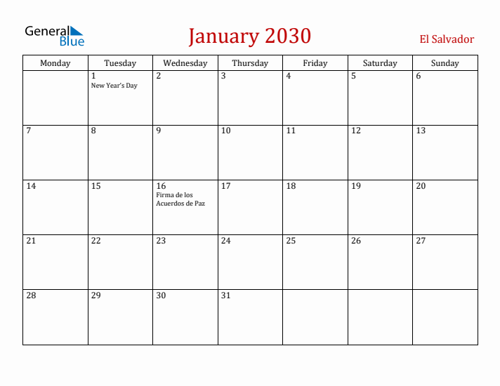 El Salvador January 2030 Calendar - Monday Start