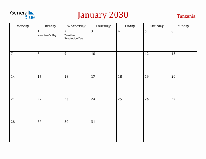 Tanzania January 2030 Calendar - Monday Start
