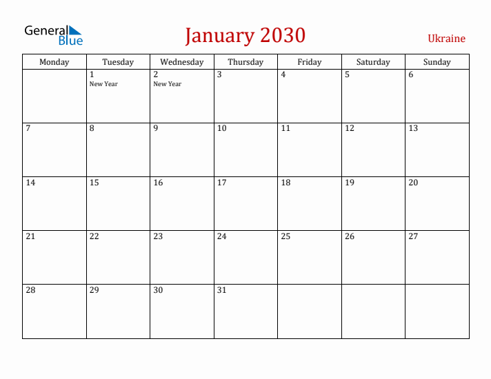 Ukraine January 2030 Calendar - Monday Start