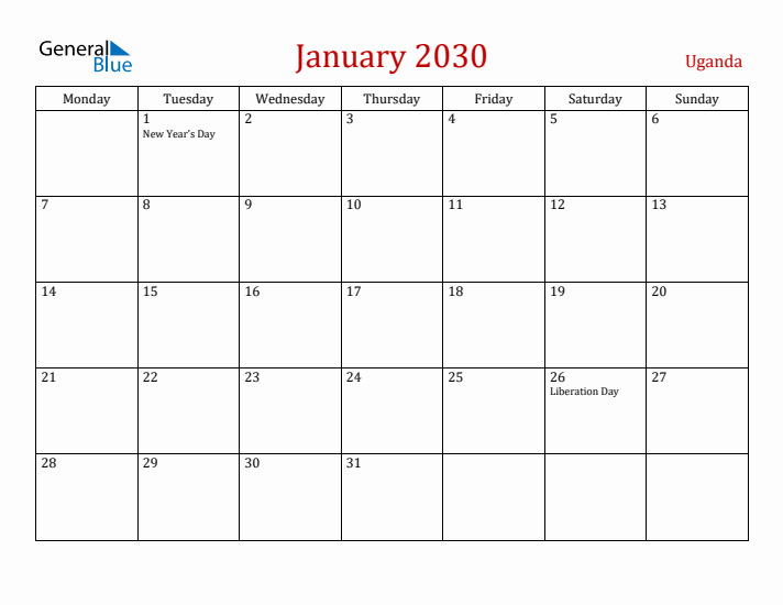 Uganda January 2030 Calendar - Monday Start