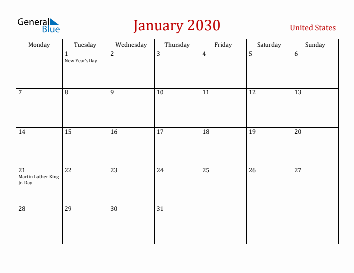 United States January 2030 Calendar - Monday Start