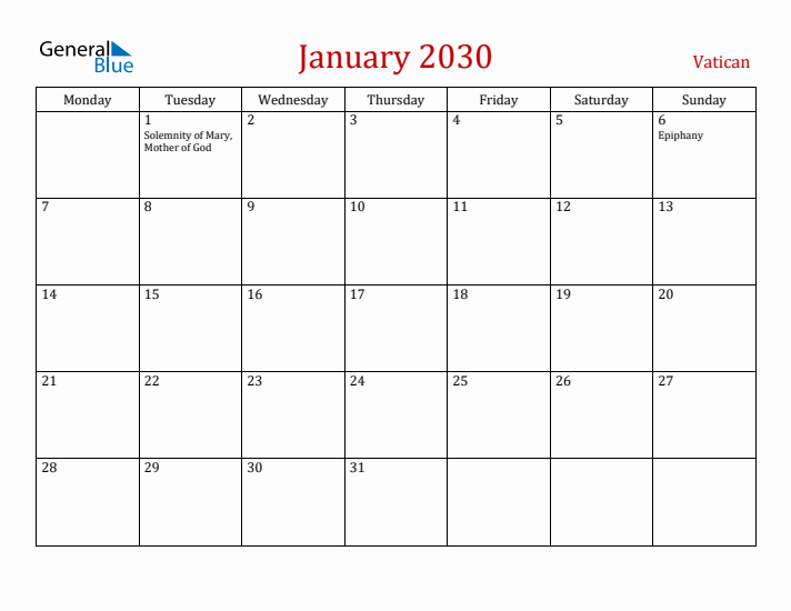 Vatican January 2030 Calendar - Monday Start