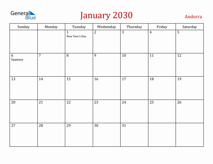 Andorra January 2030 Calendar - Sunday Start
