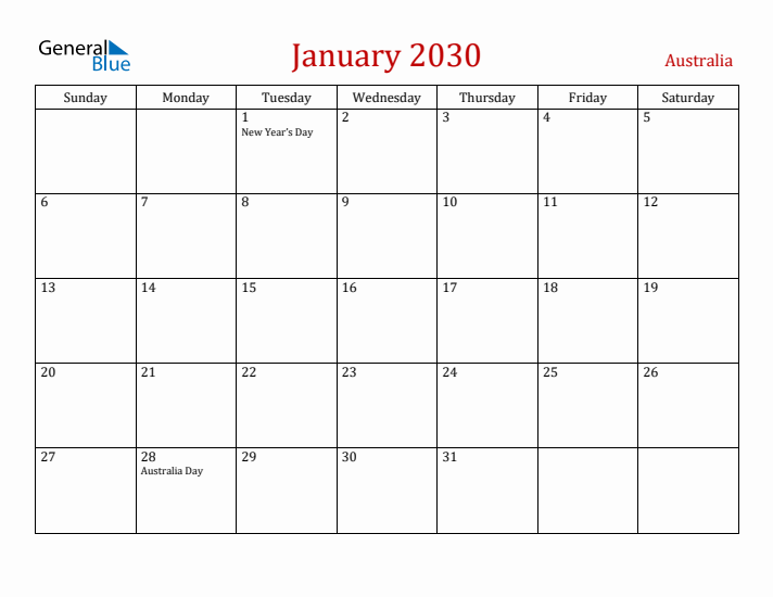 Australia January 2030 Calendar - Sunday Start