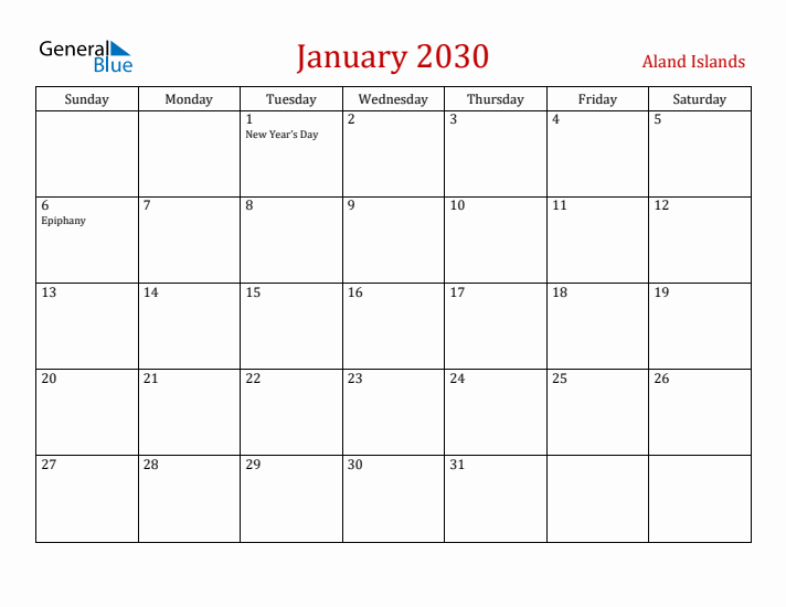 Aland Islands January 2030 Calendar - Sunday Start