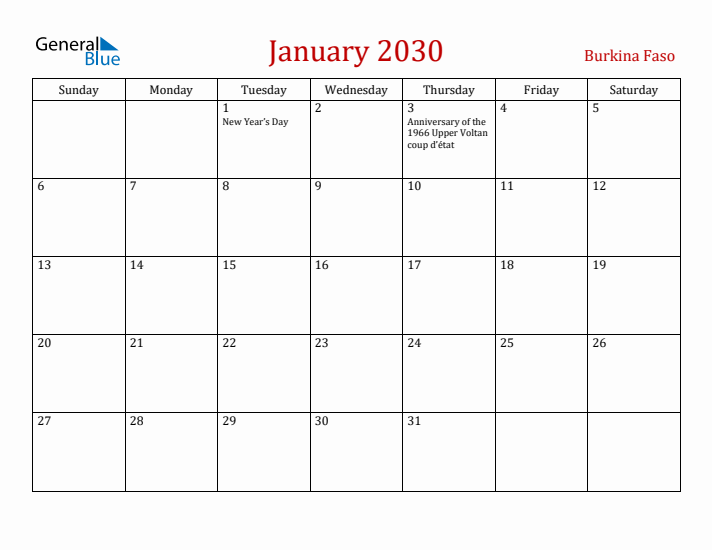 Burkina Faso January 2030 Calendar - Sunday Start