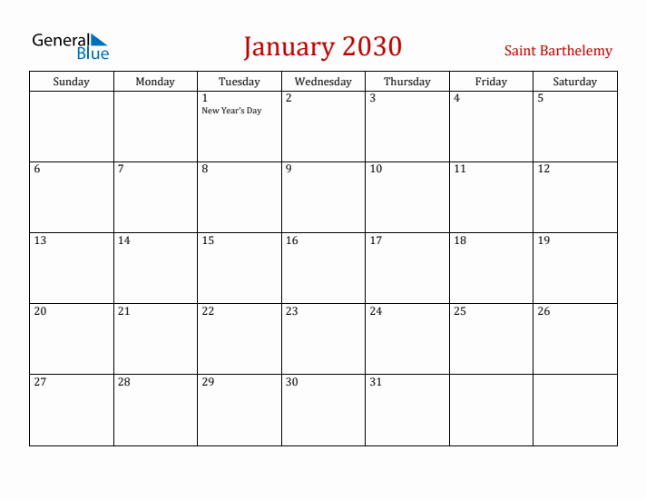 Saint Barthelemy January 2030 Calendar - Sunday Start