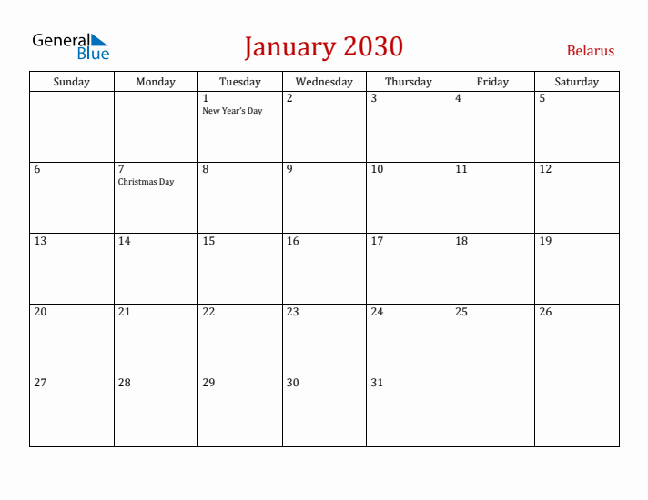 Belarus January 2030 Calendar - Sunday Start