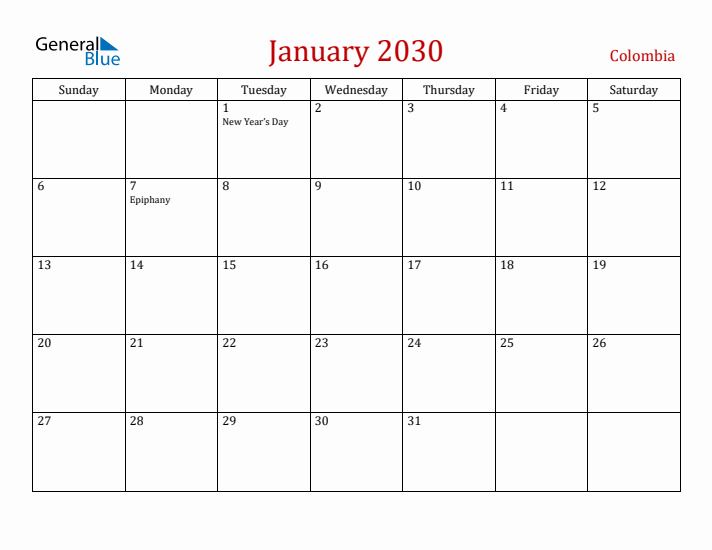 Colombia January 2030 Calendar - Sunday Start