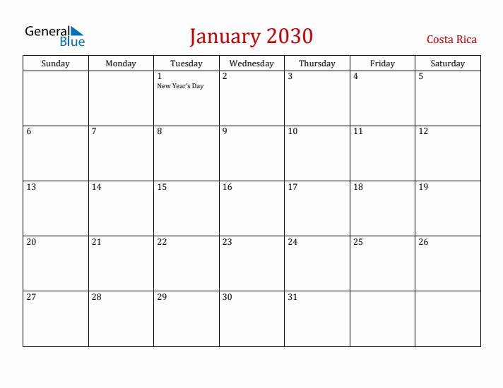 Costa Rica January 2030 Calendar - Sunday Start