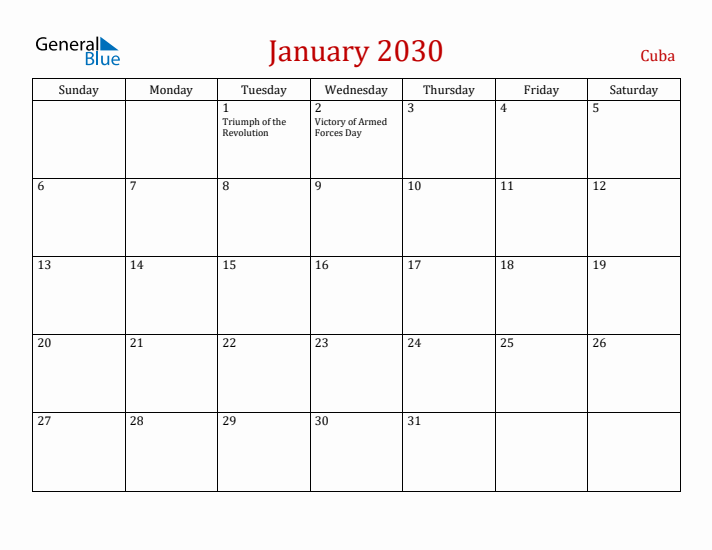Cuba January 2030 Calendar - Sunday Start