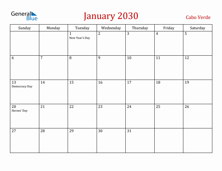 Cabo Verde January 2030 Calendar - Sunday Start