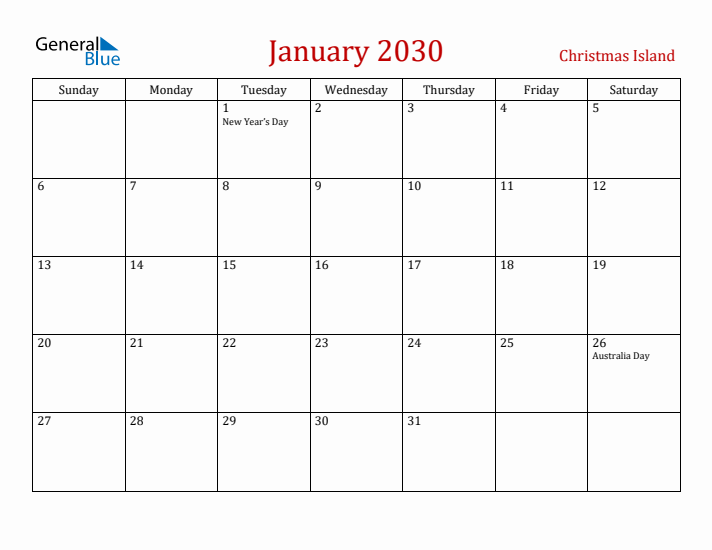 Christmas Island January 2030 Calendar - Sunday Start