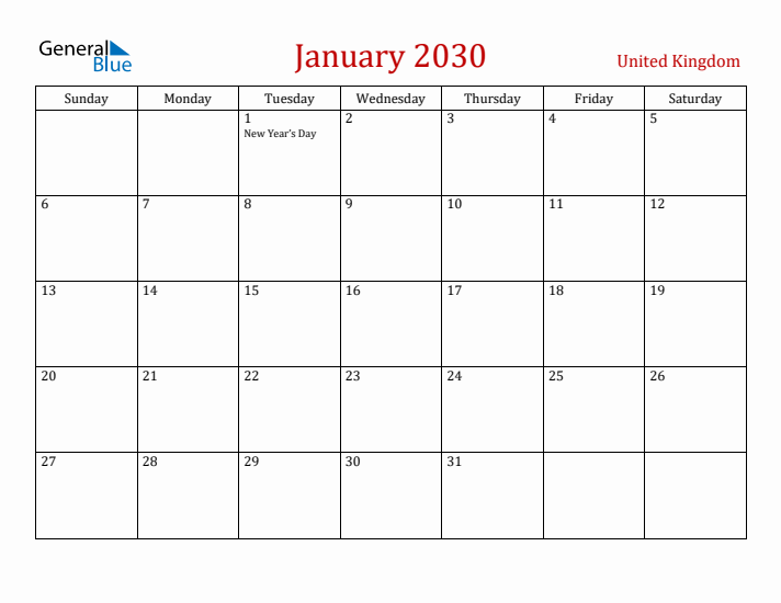 United Kingdom January 2030 Calendar - Sunday Start