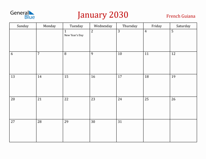 French Guiana January 2030 Calendar - Sunday Start