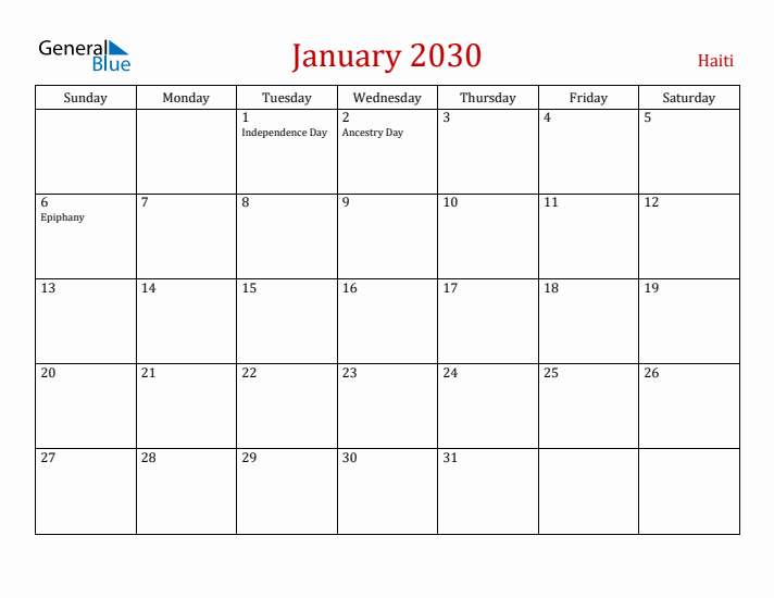 Haiti January 2030 Calendar - Sunday Start