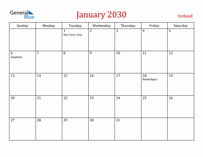 Iceland January 2030 Calendar - Sunday Start