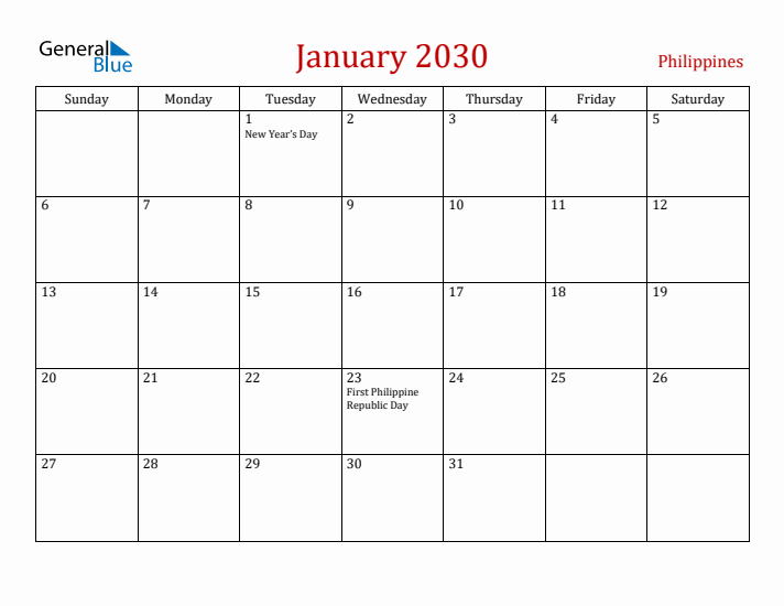 Philippines January 2030 Calendar - Sunday Start