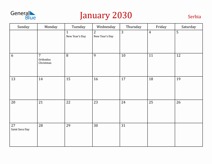 Serbia January 2030 Calendar - Sunday Start