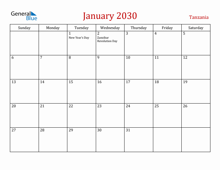 Tanzania January 2030 Calendar - Sunday Start