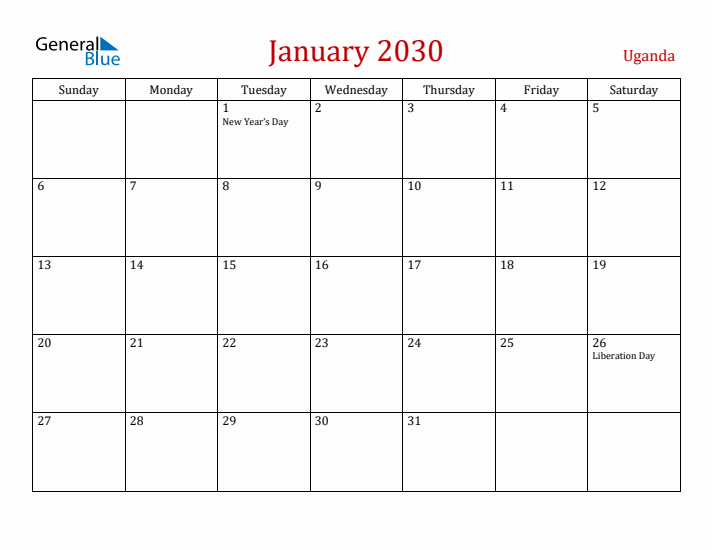 Uganda January 2030 Calendar - Sunday Start