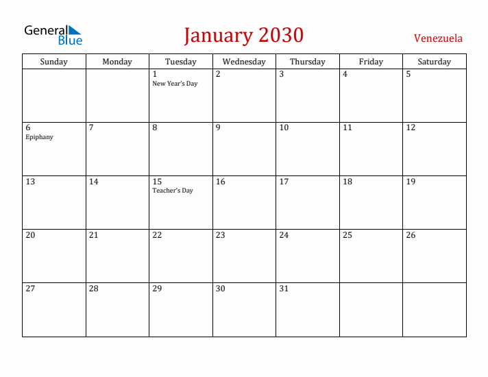 Venezuela January 2030 Calendar - Sunday Start