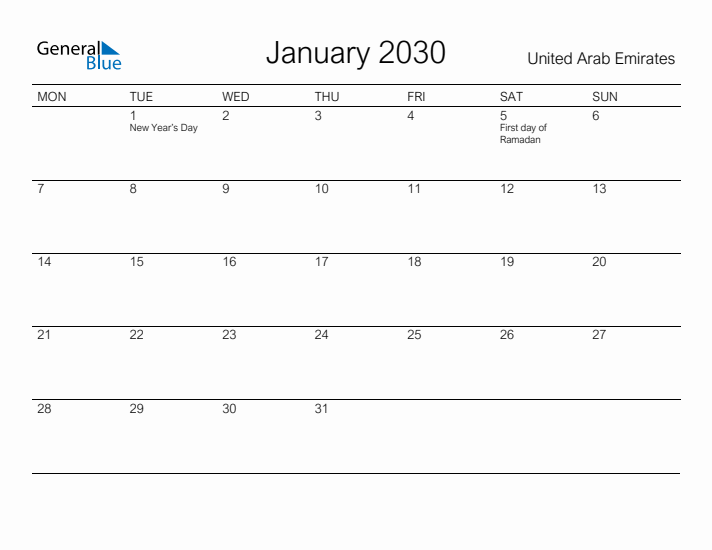 Printable January 2030 Calendar for United Arab Emirates