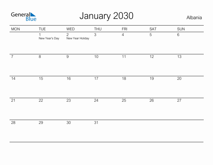 Printable January 2030 Calendar for Albania