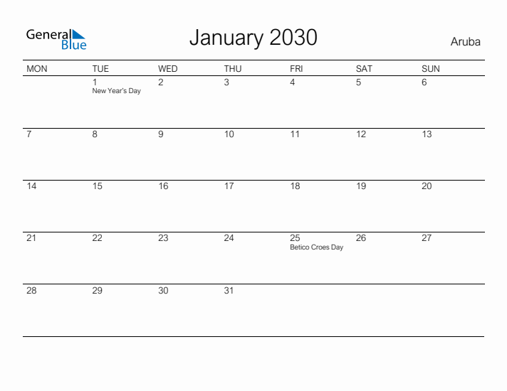 Printable January 2030 Calendar for Aruba