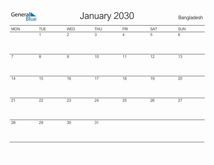 Printable January 2030 Calendar for Bangladesh