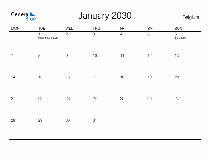 Printable January 2030 Calendar for Belgium