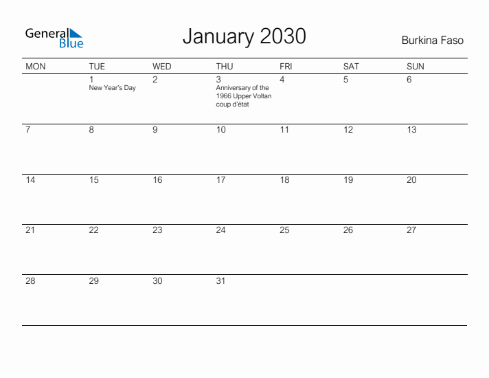 Printable January 2030 Calendar for Burkina Faso