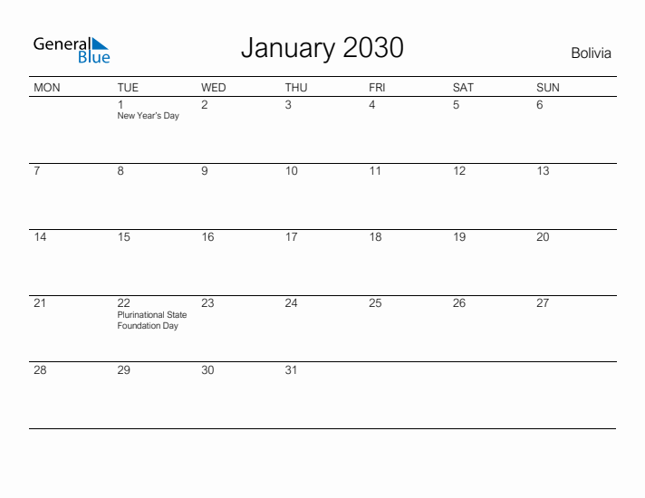 Printable January 2030 Calendar for Bolivia