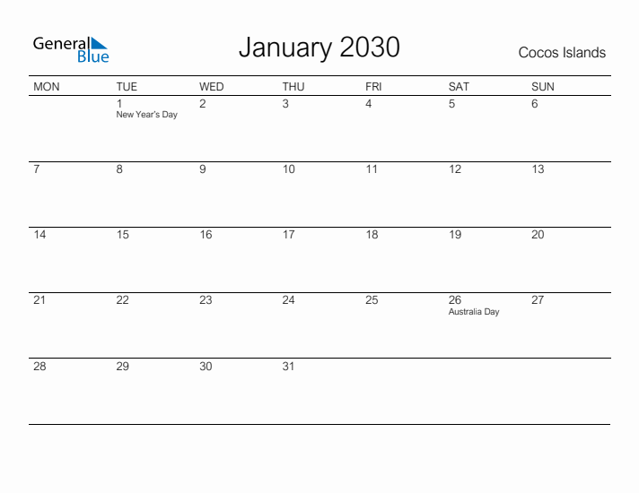 Printable January 2030 Calendar for Cocos Islands