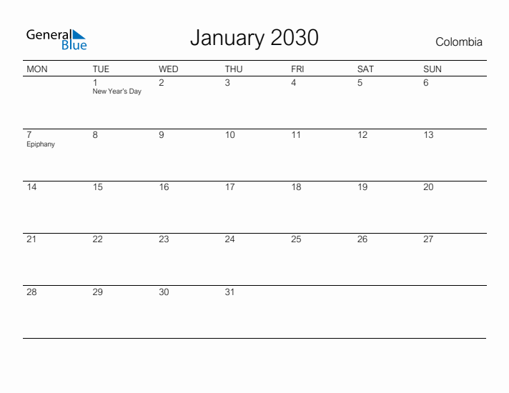 Printable January 2030 Calendar for Colombia
