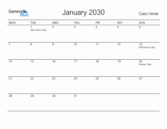Printable January 2030 Calendar for Cabo Verde