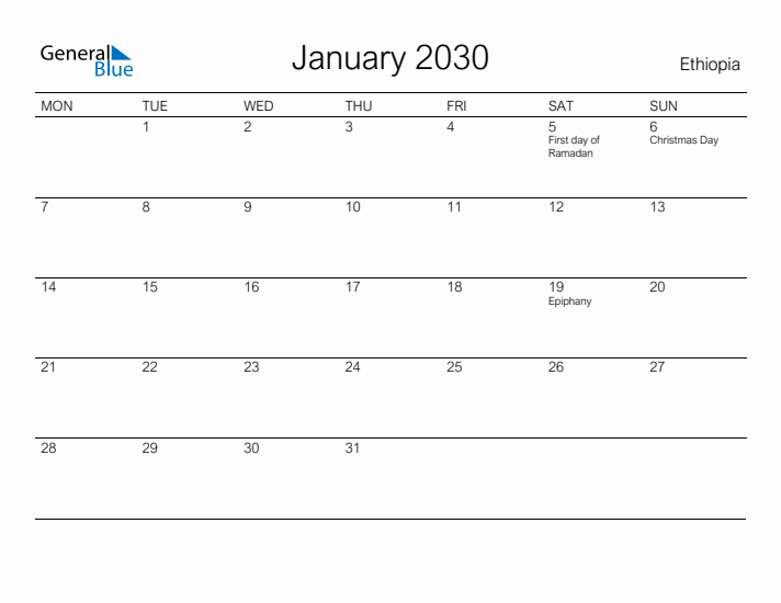 Printable January 2030 Calendar for Ethiopia