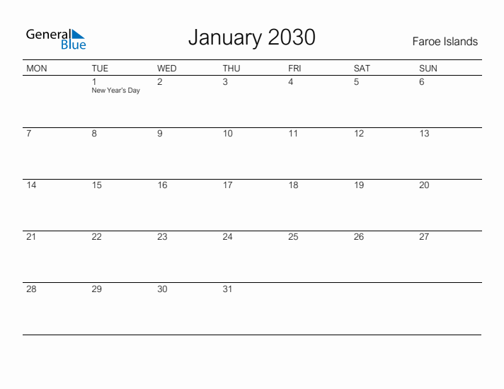 Printable January 2030 Calendar for Faroe Islands