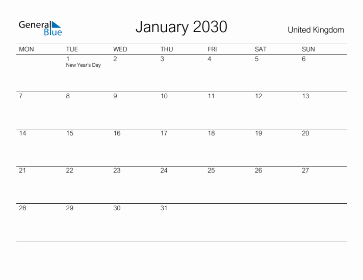 Printable January 2030 Calendar for United Kingdom